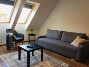 - un salon avec un canapé et une table dans l'établissement K29-cozy apartment in the dowtown of Győr, à Győr