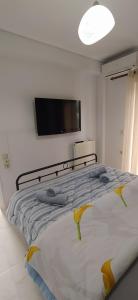 a bedroom with a bed with a tv on the wall at SeaSide Apartment Rio in Rio