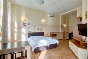 a large bedroom with a bed and a television at Студія з видом на Майдан Незалежності in Kyiv