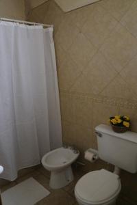 a bathroom with a toilet and a shower curtain at Tym in Salta +23 photos