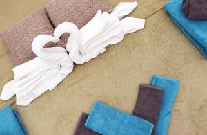 a pile of towels and swans on the floor at Palatinus Lake in Dorog