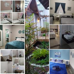 eine Collage mit Fotos von einem Schlafzimmer und einem Wohnzimmer in der Unterkunft Meu Cantinho Canela in Canela