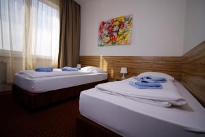 a hotel room with two beds and a painting on the wall at Aviator Garni Hotel Bratislava in Bratislava