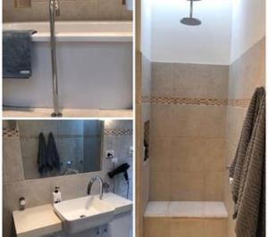 two pictures of a bathroom with a sink and a shower at Miss Victoria in Nerrina