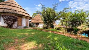 a house with a thatched roof and a yard at Banda Lodge in Masaka
