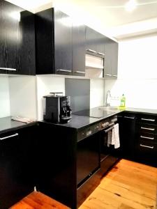 een keuken met zwarte kasten en een magnetron bij REMA Apartments Lustkandlgasse in Wenen