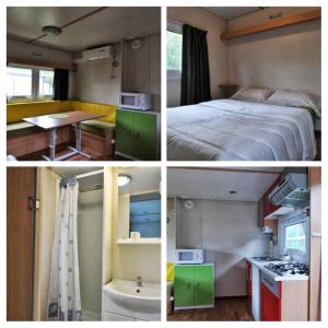 un collage de cuatro fotos de un dormitorio y una cama en Resort Camping Solopuent, en Castiello de Jaca