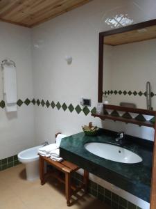 a bathroom with a sink and a toilet and a mirror at El Eden in El Ejido