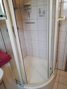 a shower with a glass door in a bathroom at Ferienhaus Klabautermann in Hage