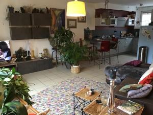 a living room with a couch and a kitchen at Chambre privée in Épinal