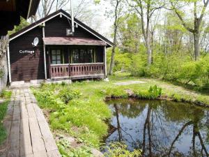 a log cabin with a pond in front of it at Woody House Kazamidori in Myoko