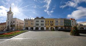 un grand bâtiment avec une tour de l'horloge et une église dans l'établissement Hostel U Zlatého kohouta, à Kroměříž