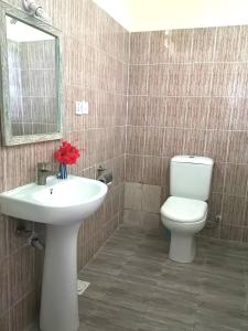 a bathroom with a white sink and a toilet at Sagando Bungalows Zanzibar in Michamvi