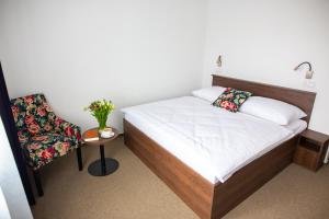 um pequeno quarto com uma cama e uma cadeira em Hotel Olympionik em Mělník