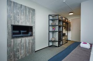 a living room with a tv and a wooden wall at Hotel Restaurant Eeserhof in Ees