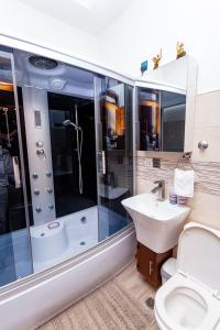 a bathroom with a shower and a sink and a toilet at ASK Apartments in Accra