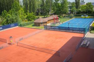 a tennis court with a tennis racquet on it at Hotel Olympionik in Mělník