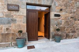 una puerta de un edificio de piedra con dos macetas en Casa Néboa., en Negreira