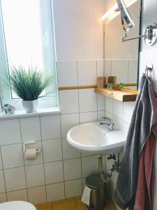 a bathroom with a sink and a mirror at Inselquartett - Fewo Hiddensee in Wiek auf Rügen 