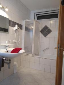 a bathroom with a shower and a sink and a tub at Jagdhaus Hiemer in Balderschwang