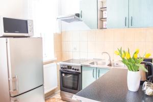 a kitchen with a refrigerator and a sink at AL-DOM apartamenty Apartament Oliwia in Kołobrzeg