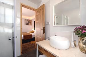 uma casa de banho com um lavatório e um espelho em Tzukim Desert Traveler's Hotel - מלון צוקים em Mitzpe Ramon
