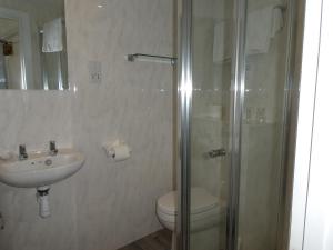 a bathroom with a shower and a toilet and a sink at Bayliss Hall Guesthouse in Weymouth