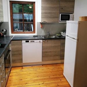 a kitchen with a white refrigerator and a sink at Lakeland Karelia Fisherman's Paradise in Kesälahti