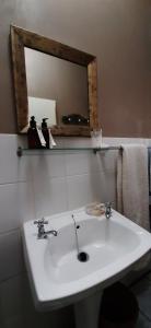 a bathroom with a white sink and a mirror at Abigail's Garden Cottage in Montagu +55 photos