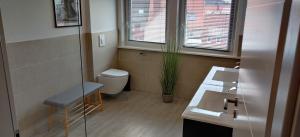 une salle de bain avec un lavabo et des toilettes et une fenêtre dans l'établissement Großes schönes Ferienhaus mit Garten für 12 Personen erwartet Sie im Harz!, à Sankt-Andreasberg 13 autres photos