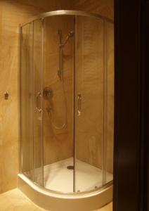 a shower with a glass enclosure in a bathroom at Apartament Na Tęczowym Wzgórzu in Wisła