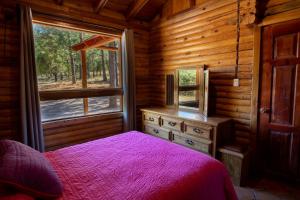 ein Schlafzimmer mit einem Bett und einem Fenster in einem Blockhaus in der Unterkunft Molinillos Mountain Resort in Durango