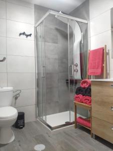 a bathroom with a shower with a toilet and towels at Novoasis in Chiclana de la Frontera