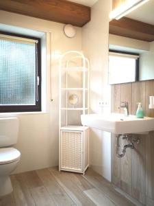 ein Bad mit einem Waschbecken, einem WC und einem Fenster in der Unterkunft Ferienwohnungen Gala in Bad Kissingen