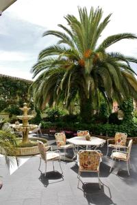 a patio with a table and chairs and a palm tree at El Zaguán de la Plata in Fuente de Cantos