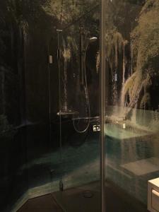 a bathroom with a shower with a waterfall in the background at Schwalm-Apartment Treysa in Schwalmstadt