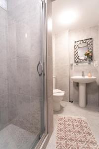 a bathroom with a shower and a sink and a toilet at Sirena's Suites in Istanbul