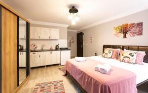 una camera con un grande letto e una cucina di Sirena's Suites a Istanbul