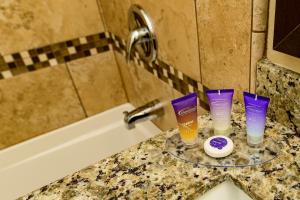 a bathroom with three cups and a bath tub at Grand Legacy At The Park in Anaheim
