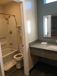 a bathroom with a toilet and a sink and a mirror at Lincoln Park Motel in Los Angeles