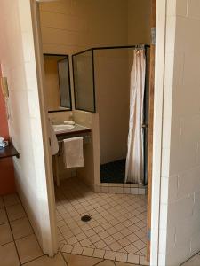 a bathroom with a toilet, sink, and shower at Curtain Fig Motel in Yungaburra