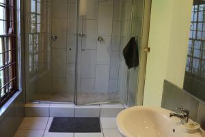 a bathroom with a shower and a sink at Lucky Bean Guesthouse in Johannesburg