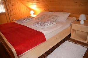 ein Schlafzimmer mit einem Bett in einer Holzhütte in der Unterkunft Shepherds House "Alpine Dreams" in Solčava