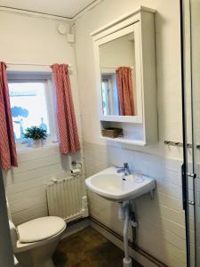 uma casa de banho com um lavatório, um WC e um espelho. em Stort rymligt boende med två sovrum och pentry i lantlig miljö em Höllviken