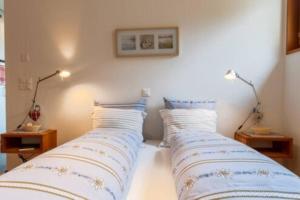 two pillows on a bed in a room at Ferienwohnung Chasa Arpiglia in Guarda