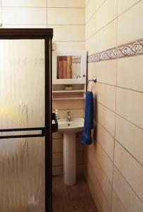 a bathroom with a sink and a mirror at Guesthouse Casa Lapa in Alajuela