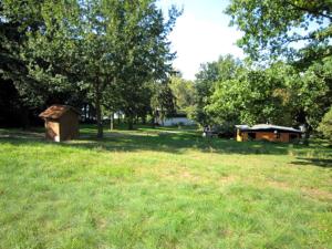 a grassy field with a dog house in the distance at Bungalow am Strandbad in Lychen +7 photos