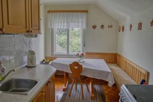 a kitchen with a table and a sink and a window at APARTMA JANŠA in Bled +12 photos
