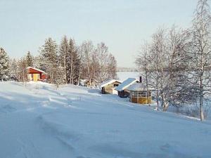 a snow covered field with a house and trees at Holiday Home Raanumökki 1 by Interhome in Lampsijärvi