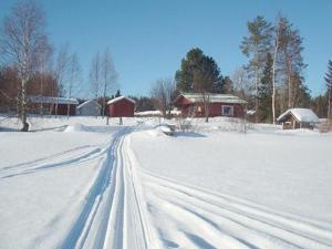 a snow covered road in a field with houses at Holiday Home Raanumökki 1 by Interhome in Lampsijärvi
